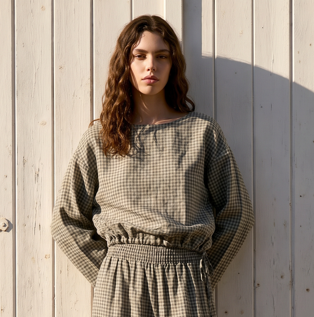 Plaid Linen Blouse (Green, S)