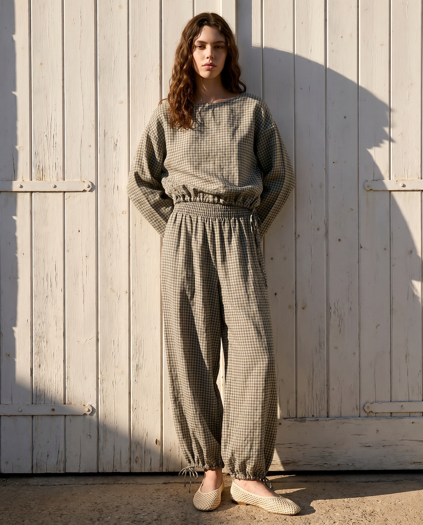 Plaid Linen Trousers (Green, S)